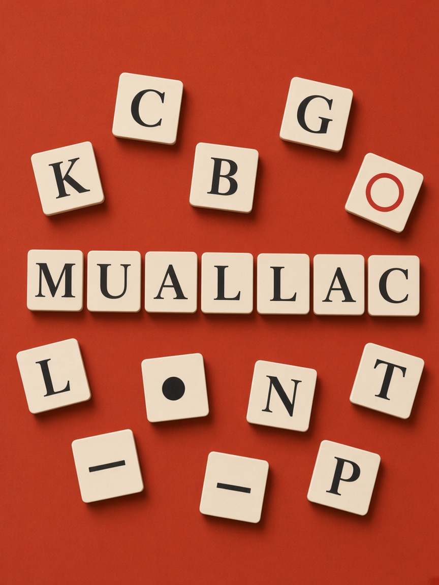 Cream letter tiles on red paper spelling MUALLAC, with a few loose letters around them.